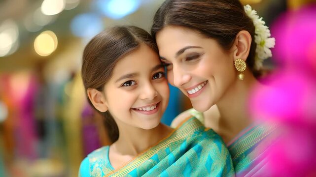 Sari draping lesson between mother and daughter, mirror reflections, India, saree, family, fashion, tradition, women, culture, dressing, with copy space