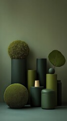 Abstract Still Life with Green Cylinders and Spherical Plants on Olive Backdrop