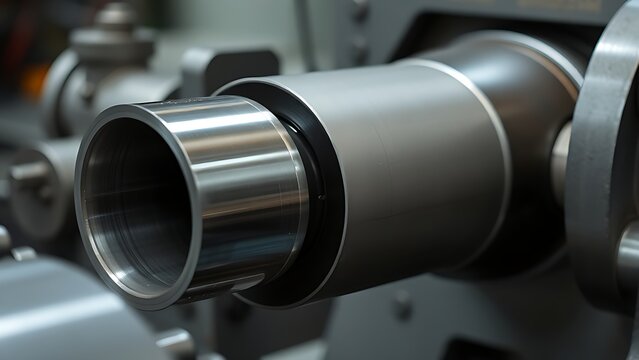 mandrel. A conical metal lathe mandrel rotating with an unfinished tube sleeve fitted over it. safety posters, maintenance manuals, designed for precision metalworking and fabrication facilities.