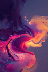 Abstract Swirl of Scarlet Amber and Sapphire Fluid Dynamic in Dark Background With Sparkling Particles