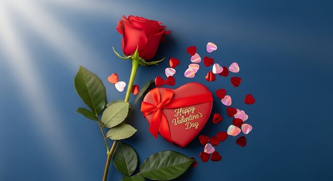 Valentines day concept featuring a vibrant red rose, heart-shaped gift box, and scattered confetti on a deep blue background. - Powered by Adobe
