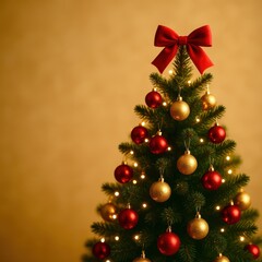A Christmas tree with a star on top and many red and gold ornaments