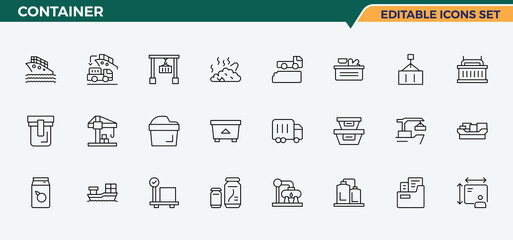 Container line icon set. Minimalist linear icons. Included drink, wine bottle, eco, water bottle. Editable stroke. Vector collection. Plastic Bottle icon set.