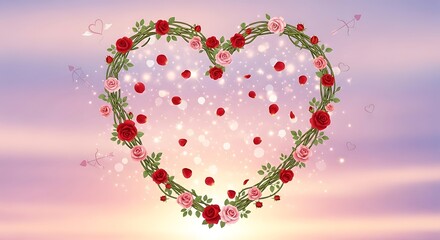 Heart-shaped wreath of red and pink roses with falling petals and sparkling lights, symbolizing love and romance on a dreamy gradient background.