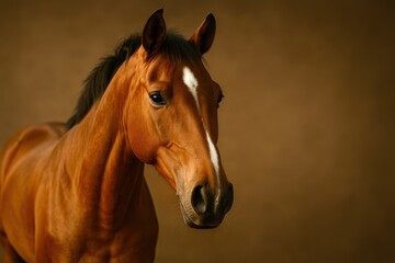 A brown horse with a white stripe on its face