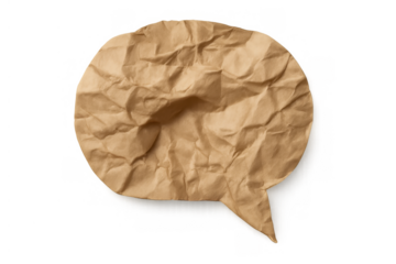 Crumpled brown paper speech bubble representing communication, feedback, or a discarded idea concept with transparent background