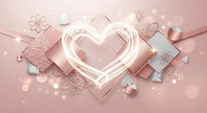 Elegant glowing light heart with rose gold and silver geometric shapes, ribbons, floral outlines, and bokeh on a soft pink background.