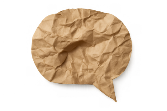 Crumpled brown paper speech bubble representing communication, feedback, or a discarded idea concept with transparent background