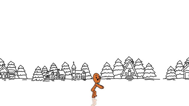 Looping animation of a cheerful gingerbread man character running across a snowy Christmas village with outlined houses and pine trees, creating a fun festive scene for holiday themes.