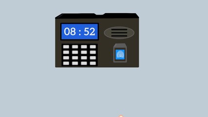Hand interacting with biometric attendance machine. Touch-based authentication for secure access and time logging.