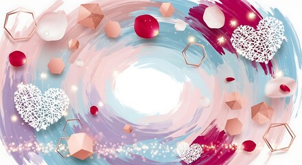 Abstract romantic brush stroke background with lace hearts, rose gold geometrics, and petals. soft pastel color palette for celebration designs.