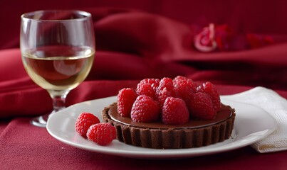 a romantic valentine's day dessert, featuring an elegant chocolate tart with fresh raspberries and a glass of wine in the background