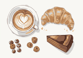 Charming hand-drawn illustration of a sweet cafe breakfast heart latte, golden croissant, and rich chocolate cake