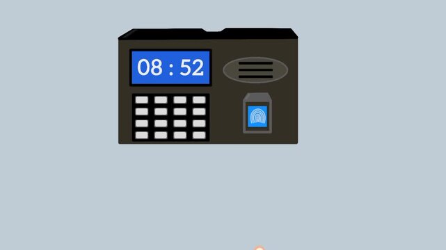 Hand interacting with biometric attendance machine. Touch-based authentication for secure access and time logging.
