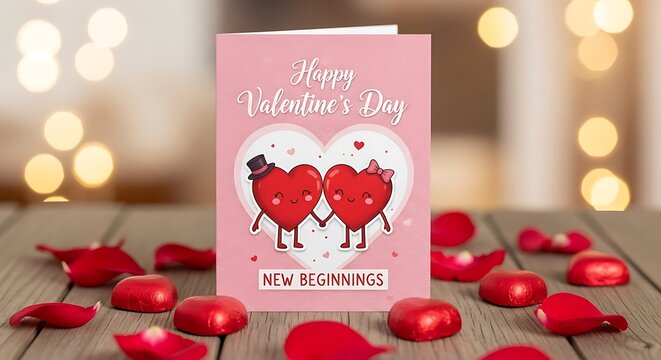 Happy valentine's day card with cute cartoon hearts holding hands, surrounded by red rose petals and heart-shaped chocolates on wood