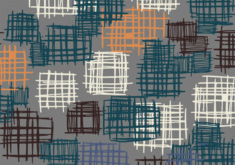 Modern abstract seamless textile pattern with irregular hand-drawn cross-hatch rectangles on grey background