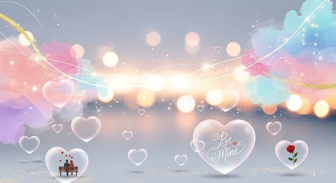 Romantic valentines day background with floating translucent hearts, loving couple, red rose, sparkling bokeh lights, soft pastel colors.