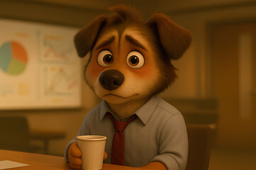 Worried Office Dog Holding Coffee – Cute 3D Cartoon Character in Workplace