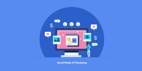 User browsing dynamic content on mobile device, content development and social media marketing setup with AI application tool.