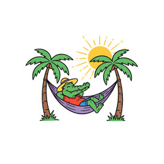 vintage 80s-90s vacation souvenir illustration, a cartoon crocodile lounging in a hammock between two palm trees