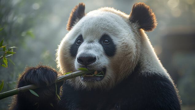 giant panda chewing on freshly cut bamboo in natural environment, adorable black and white bear expressing calm gentle behavior in wildlife conservation habitat