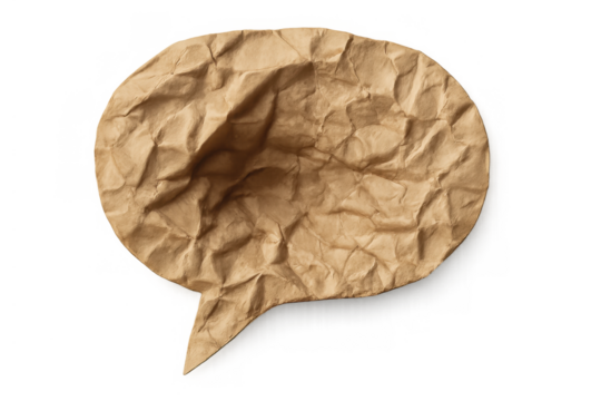 Crumpled paper speech bubble communicating a message, dialogue, and idea with textured brown kraft material