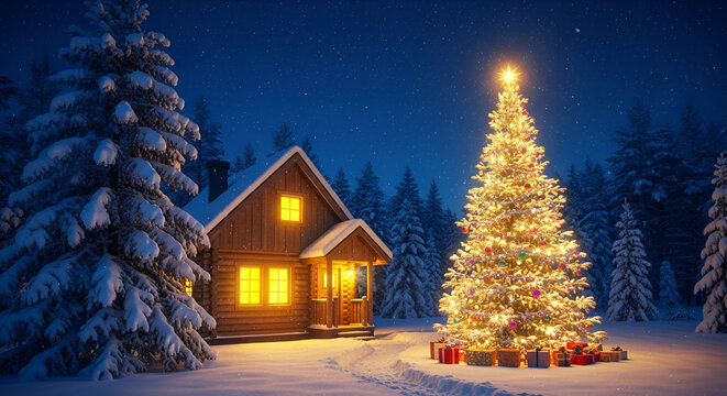 Charming wooden cabin house with lit windows and brightly lit christmas tree under a starry blue night sky - Powered by Adobe