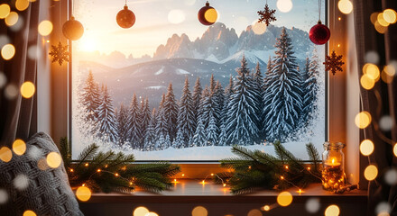 Stunning winter mountain landscape with snow covered pine trees and bright sunset sun rays christmas nature scene