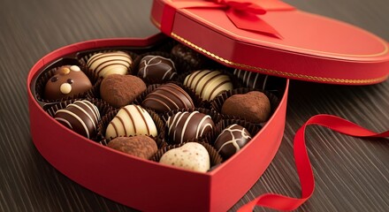 Exquisite assortment of gourmet chocolates and truffles in a vibrant heart-shaped red gift box, ideal for romantic gestures and celebrations