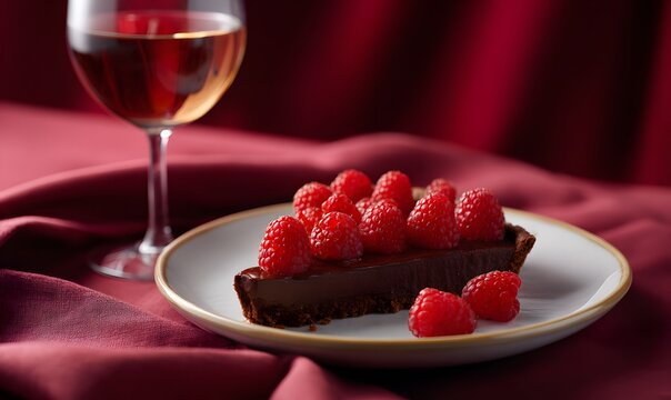 a romantic valentine's day dessert, featuring an elegant chocolate tart with fresh raspberries and a glass of wine in the background