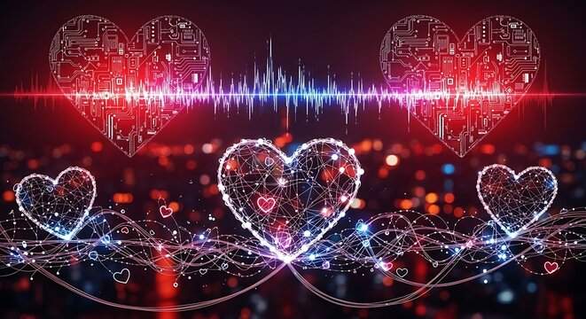 Digital hearts network connection, pulsating waveform, and glowing circuitry over city bokeh lights symbolizing love in a technology age