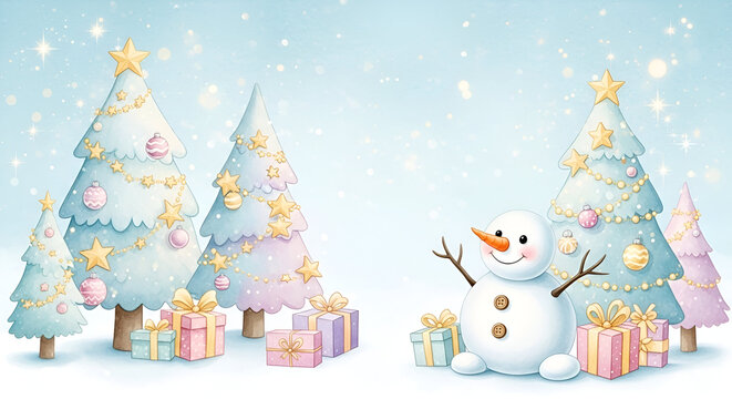 Cute pastel pink christmas tree and snowman illustration in a snowy winter landscape greeting card background