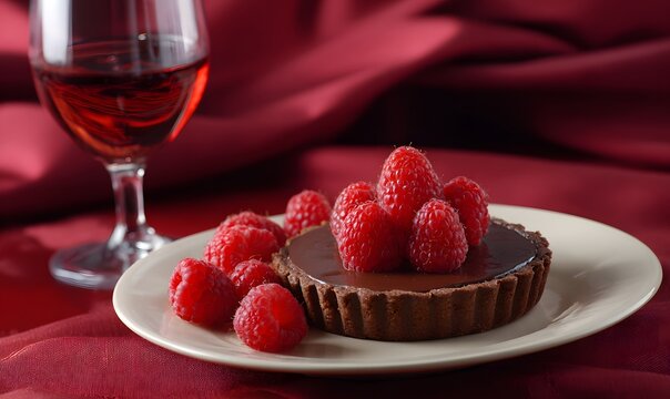 a romantic valentine's day dessert, featuring an elegant chocolate tart with fresh raspberries and a glass of wine in the background