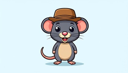 Naklejka premium Cute cartoon illustration of a smiling mouse wearing a brown cowboy hat on a light blue background