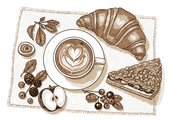 Artistic monochrome illustration capturing a cozy morning breakfast scene with latte art, a freshly baked croissant, and a delicious fruit pie