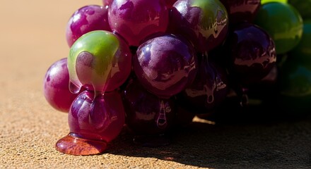Close-up of a bunch of purple and green grapes resting on a surface with a shadow cast nearby