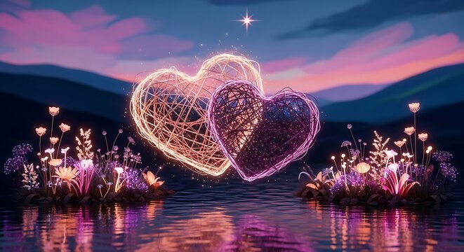 Luminous intertwined wire hearts glowing with soft light over serene water with magical flora under a starry twilight sky, romantic