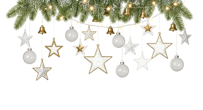 Elegant christmas garland hanging with golden and silver stars bells and ornaments isolated on a white background