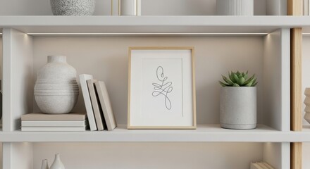 Minimalist home decor with framed artwork and potted succulent on white bookshelf