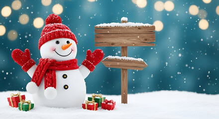 Happy snowman character holding a blank wooden sign in a snowy forest background with copy space winter greeting