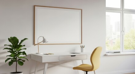 Modern minimalistic office workspace with a white desk, yellow chair, and large window for natural