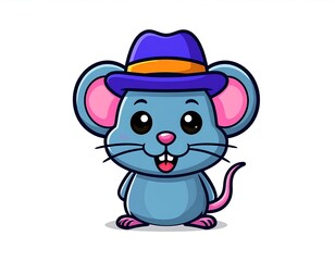 Cute cartoon mouse character wearing a purple hat, standing against a white background