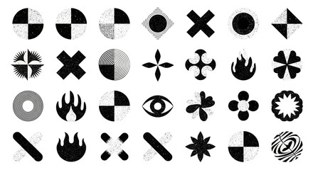 A collection of abstract black and white shapes and symbols in a grid pattern