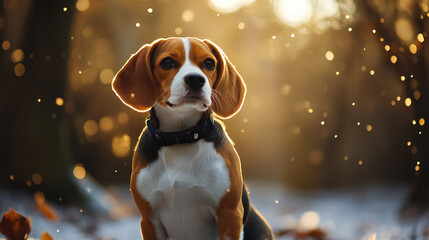 Enchanting Beagle dog portrait bathed in golden bokeh sunlight and falling dust particles