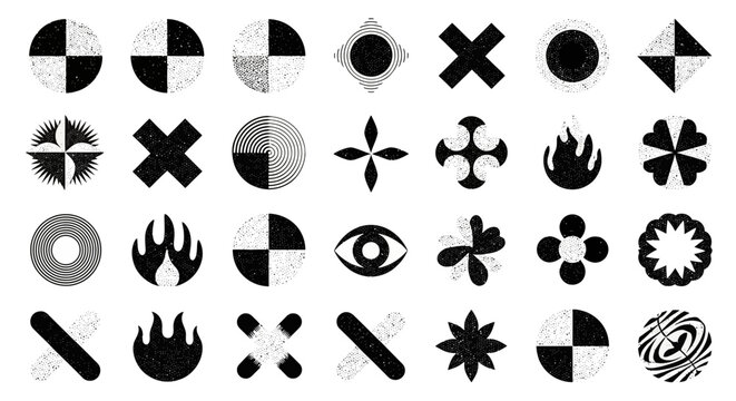 A collection of abstract black and white shapes and symbols in a grid pattern