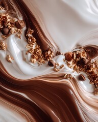 Abstract White and Brown Swirl Background with Chocolate and Golden Glitter Accents Shiny Reflective Surfaces Fluid Motion and Contrasting Textures