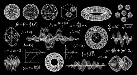 Intricate Mathematical Diagrams and Equations Showcasing Scientific Concepts and Complex Formulas on Black Background
