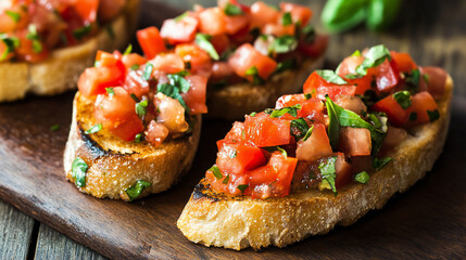 Authentic italian bruschetta appetizers with diced tomato and basil on crusty bread
