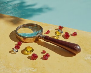 Antique Magnifying Glass with Dark Polished Wooden Handle on Yellow Surface with Gemstones under Soft Sunlight on Teal Background
