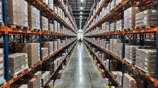 Expansive Warehouse Aisle with Boxes on Pallet Racks